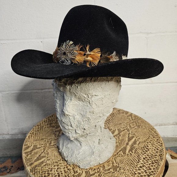 Vintage Black Felted Cowboy Hat with Black, Brown & White Feather Banding main image 8